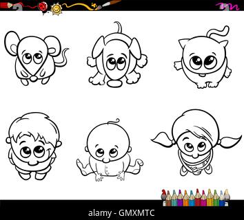 Kinder und Haustiere Malbuch Stock Vektor