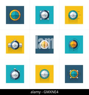 Stempeluhr Icons Set blaue und gelbe Farbe Stock Vektor