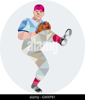 Baseball-Pitcher-Outfielder werfen Bein um niedrige Polygon Stock Vektor