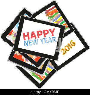 Smartphone mit Vektor Happy New Year Grüße auf dem Bildschirm, Vektor-Urlaub-Karte Stock Vektor