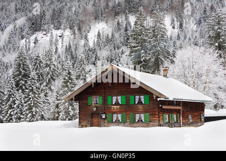 Hölzerne traditionellen bayerischen Stil Blockhaus Haus mit grünen Fensterläden in einem Wald im Schnee im Winter in Bayern in Deutschland. Stockfoto