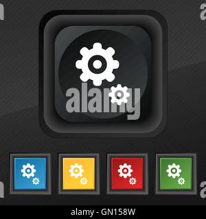 Getriebe-Symbol Symbol. Satz von fünf bunten, stilvolle Knöpfe am schwarzen Textur für Ihr Design. Vektor Stock Vektor