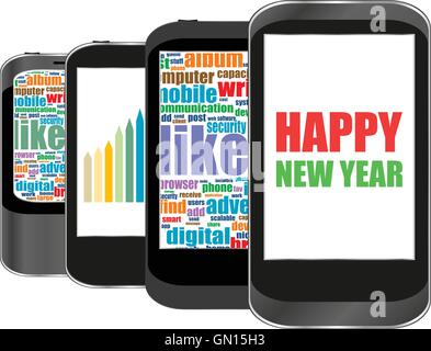 Smartphone mit Happy New Year Grüße auf dem Bildschirm, Vektor-Urlaub-Karte Stock Vektor