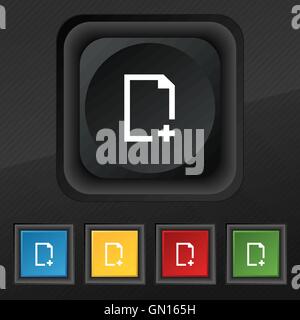 Datei-Symbol Symbol hinzufügen. Satz von fünf bunten, stilvolle Knöpfe am schwarzen Textur für Ihr Design. Vektor Stock Vektor