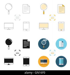 Ikonen-Telefon, Papier, Computer und Lupe einstellen Stock Vektor