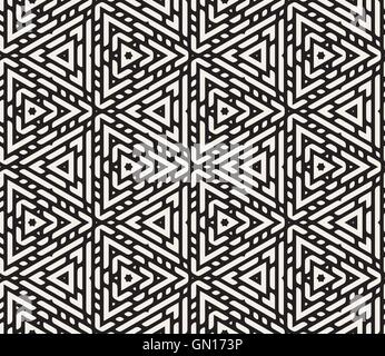 Nahtlose schwarz-weiß Vektor abgerundet dreieckig verzierten Linien-Muster Stock Vektor