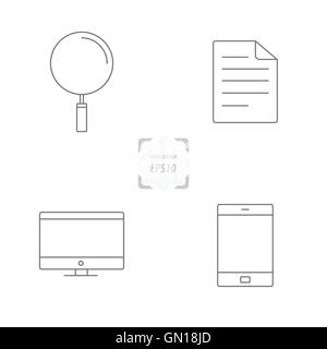 Linie Symbole, Papier, Computer- und Lupe Stock Vektor