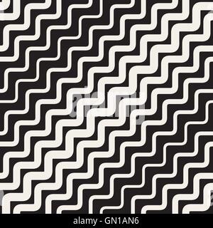 Nahtlose schwarz-weiß Vektor gerundet wellig parallele Diagonale Zick-Zack-Linien-Muster Stock Vektor
