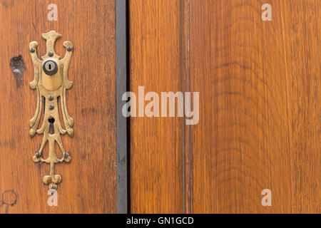 Nahaufnahme einer braunen Holztür mit einer komplizierten Schlüsselloch-Dekoration in Form eines Vogels. Freier Speicherplatz auf dem Bild rechts. Stockfoto