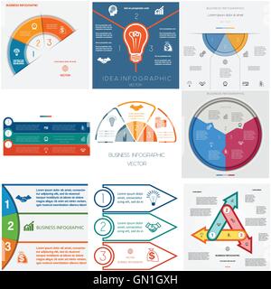 Set 9 Vorlagen Infografiken für konzeptionelle zyklische Geschäftsprozesse. Drei Positionen für Textbereich Stock Vektor