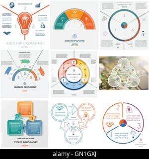 Set 9 Vorlagen, Infografiken konzeptionelle zyklische Geschäftsprozesse, drei Positionen für Text-Bereich, kann man für Workflow verwenden, Stock Vektor