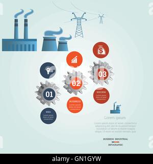 Zahnräder nummeriert, Ikonen Geschäft Leitung Fabrik Rauch, elektrische Übertragung Linien, industrielle Infografik Vorlage 3 Stock Vektor