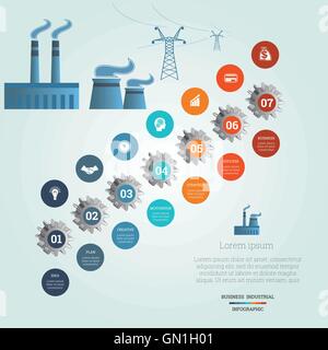 Zahnräder nummeriert, Ikonen Geschäft Leitung Fabrik Rauch, elektrische Übertragung Linien, industrielle Infografik Vorlage 7 Stock Vektor