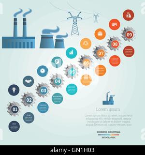 Zahnräder nummeriert, Ikonen Geschäft Leitung Fabrik Rauch, elektrische Übertragung Linien, industrielle Infografik 9 Stock Vektor