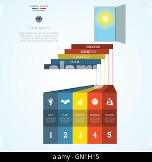 Vektor-Illustration-Infografik-Vorlage stockt Leitern und Tür, Himmel, Sonne, Start-Business-Konzept mit fünf Schritten Stock Vektor