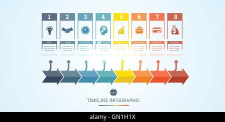 Konzeptionelle Business Timeline Infografik, Vektor-Design-Vorlage für acht Positionen einsetzbar für Workflow, Banner, Diagramm, Stock Vektor