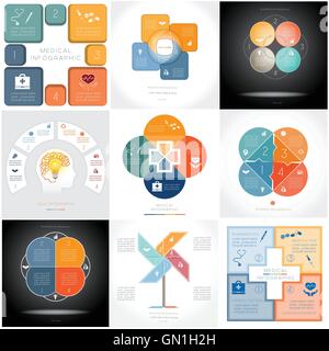 Set 9 Vorlagen, Infografiken konzeptionelle zyklischen Prozesse, vier Positionen für Textbereich, möglich, für medizinische Banner verwenden Stock Vektor