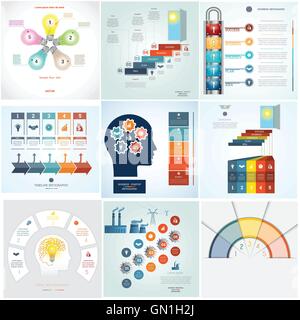 Banner-Infografiken 9 Vorlagen konzeptionelle zyklischen Prozesse, fünf Positionen für Text-Bereich, kann man für Workflow, verwenden Stock Vektor