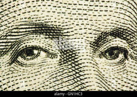 Element des Bildes der Vereinigten Staaten ein-Dollar-Schein, Augen des Präsidenten von Washington. Makro Stockfoto