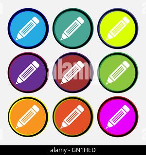 Stift-Symbol Zeichen. Neun Multi farbige Runde Tasten. Vektor Stock Vektor