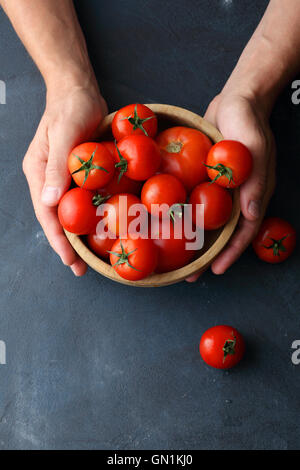 Hände halten Bio Tomaten in Schüssel, gesunden Lebensstil Stockfoto