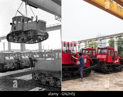 (160827)--Peking, 27. August 2016 (Xinhua)--Foto aufgenommen im Jahr 1960 (links) und 17. August 2016 zeigt die "Dongfanghong" Traktoren in Luoyang, Henan Provinz Zentral-China. 1958 wurde in Luoyang Traktorenwerk, markieren den ersten Schritt der Industrie Chinas Traktor Chinas erste Caterpillar Tractor "Dongfanghong" hergestellt. In den vergangenen sechs Jahrzehnten hat die Fabrik YTO Group Corporation umbenannt 3,31 Millionen Traktoren und 2,45 Millionen Power Machines produzierte. Gürtel und Road Initiative Möglichkeit YTO die zur Weiterentwicklung. In den letzten Jahren mehrere Fabriken gebaut YTO Stockfoto