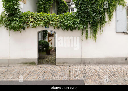 Blick durch ein Tor mit Metallstangen in einem niedlichen kleinen Innenhof. Stockfoto