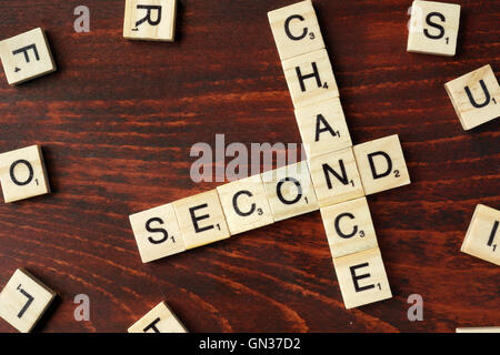 Zweite Chance Worte aus Holzblöcken mit Buchstaben. Stockfoto