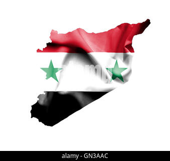 Karte von Syrien mit wehende Flagge isoliert auf weiss Stockfoto