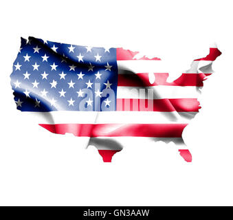 Karte von Vereinigte Staaten von Amerika mit wehende Flagge isoliert auf weiss Stockfoto