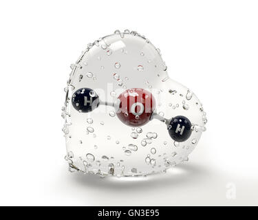 Ein 3D Illustration Molekül des Wassers mit einem Condinsation Herzen auf weißem Hintergrund Stockfoto