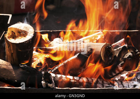 Brennholz brennt in der Char-Grill. Nahaufnahme des brennenden Holzes Stockfoto