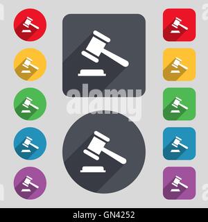 Richter oder Auktion Hammer Symbol Zeichen. Ein Satz von 12 farbige Tasten und einen langen Schatten. Flaches Design. Vektor