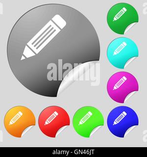 Stift-Symbol Zeichen. Satz von acht Multi farbige Runde Buttons, Aufkleber. Vektor Stock Vektor