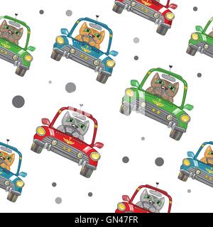Vektor-Cartoon-Katze auf dem Auto-Muster Stock Vektor
