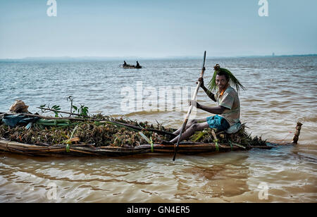 Äthiopien, Sep.11, 2012 unbekannten äthiopischen Mann Transportprotokolle in einem Papyrus-Boot auf dem See Tana in Äthiopien. Afrika. Stockfoto