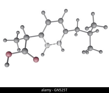 3D Abbildung eines Moleküls Ibuprofen. Sauerstoff in rot. Stockfoto