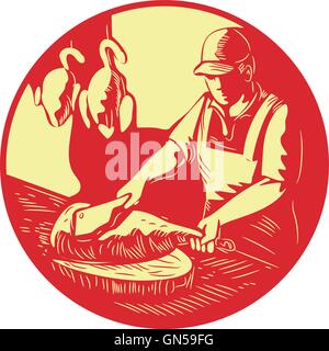 Chinesisch Kochen Chop Fleisch Oval Kreis Holzschnitt Stock Vektor