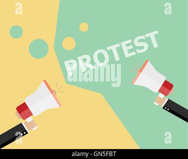 Hände halten Protest Zeichen und Megafon, Masse der Menschen Demonstranten Hintergrund, Politik, politische Krise Poster, Fäuste, revolutionäre Stock Vektor