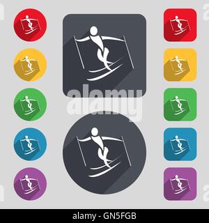 Skifahrer-Symbol Zeichen. Ein Satz von 12 farbige Tasten und einen langen Schatten. Flaches Design. Vektor Stock Vektor