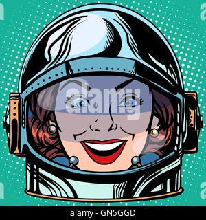 Emoticon Freude Lächeln Emoji Gesicht Frau Astronaut retro Stock Vektor