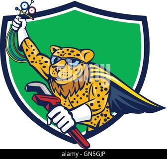 Kältetechnik Mechaniker Leopard Superhelden Crest Cartoon Stock Vektor