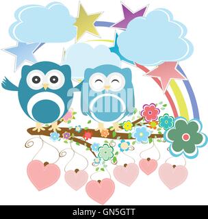 Vektor-set - Eulen, Vögel, Blumen, Himmel, Wolke Stock Vektor