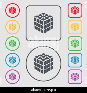 Eine drei doppelseitige Würfel Puzzlebox in 3D Symbol Zeichen. Symbol auf der Runde und quadratische Tasten mit Rahmen. Vektor Stock Vektor