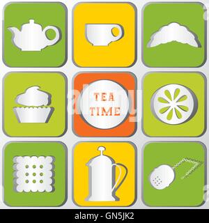 Ikonen-Tea-Time. Set von 9 Icons. Schatten-Effekt Stock Vektor