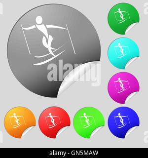 Skifahrer-Symbol Zeichen. Satz von acht Multi farbige Runde Buttons, Aufkleber. Vektor Stock Vektor
