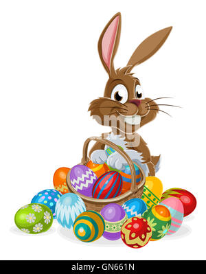 Ostern Hase Kaninchen Cartoon-Figur hält einen Ostereier Korb voller Eier, könnte auf eine Schokolade Easter Egg Hunt Stockfoto