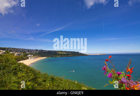 Carbis Bay, Cornwall an einem sonnigen Morgen in August, mit St Ives in der Ferne und lokalen Wildblumen im Vordergrund abgebildet. Stockfoto