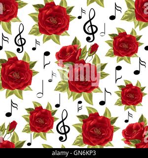 Nahtlose Muster mit Noten und rote Rosen Stock Vektor