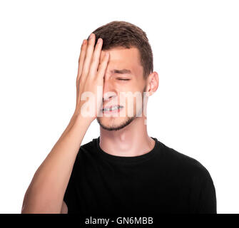 Kopfschmerzen bei Männern auf einem weißen Hintergrund. Stockfoto